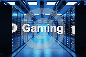 Gaming logo in large modern data center with multiple rows of network internet server racks, 3D Illustration