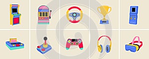 Gaming modern and retro elements in flat line style. Hand drawn vector illustration: Headphones, Game Console, Controller, Slot