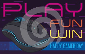 Gaming Mouse and Greeting Message for a Happy Gamer Day, Vector Illustration