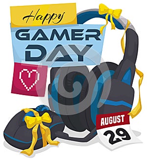 Gaming Mouse and Headphones as Gift for Gamer Day Celebration, Vector Illustration