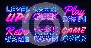 Gaming Neon signs set Vector. Gamer neon sign, design template, modern trend design, night signboard, night bright