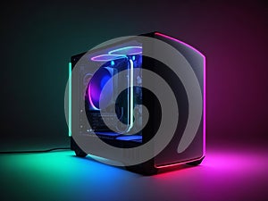 Gaming Pc Desktop Cabinet Computer With RGB LED lighting And Wire Connected In Dark Background