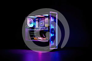 Gaming PC rainbow LED light Modern liquid cooled gaming computer Powerful PC glass case, front view