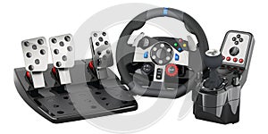 Gaming racing steering wheel with foot pedal and vibration feedback, 3D rendering