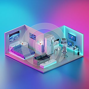 Gaming room design. Interior gamer house with neon light and bedroom. 3d illustration