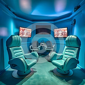 Gaming room using two game chairs cyan blue synthe, Generative AI