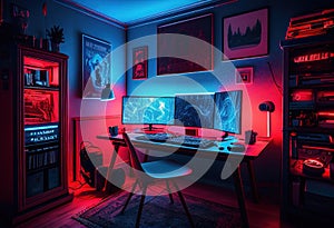 Gaming room withhardware and quipment colored.illustration. AI generative