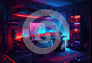 Gaming room withhardware and quipment colored.illustration. AI generative