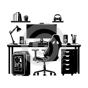 Gaming setup with computer, chair, and accessories for work