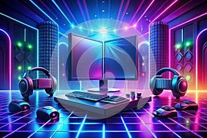 Gaming setup, neon, futuristic, 3D rendered, digital space