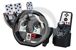 Gaming steering wheel with foot pedal and vibration feedback, 3D rendering