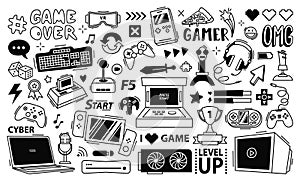 Gaming streaming doodle. Game gadgets, gamer equipment and cyber sport games controllers vector set photo