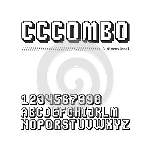Gaming style 8 bit pixel font set in uppercase (3d version)