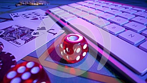 Gaming table with computer keyboard, cards, dice and casino chips. Concept of gambling, online betting in casino