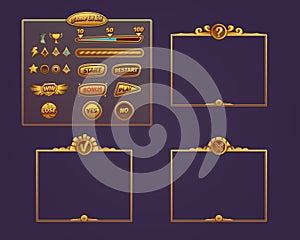 Gaming UI design with golden frames. Set of buttons, icons, checkbox, progress bar, score, preload. Set for online quiz, photo