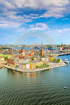 Gamla Stan, the old part of Stockholm in a sunny summer day, Sweden. Aerial view from Stockholm City hall Stadshuset