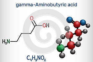 Gamma-Aminobutyric acid, GABA molecule. It is a naturally occurring neurotransmitter with central nervous system inhibitory