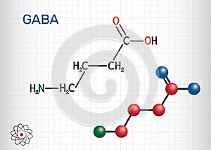 Gamma-Aminobutyric acid, GABA molecule. It is a naturally occurring neurotransmitter with central nervous system inhibitory