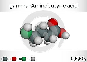 Gamma-Aminobutyric acid, GABA molecule. It is a naturally occurring neurotransmitter with central nervous system inhibitory