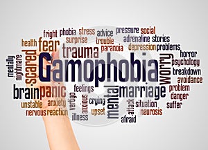 Gamophobia fear of marriage word cloud and hand with marker concept