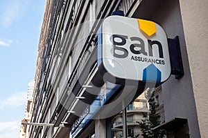 GAN Assurances logo in front of their local agency in Lyon. GAN, or Groupe des Assurances Nationales is a French insurance