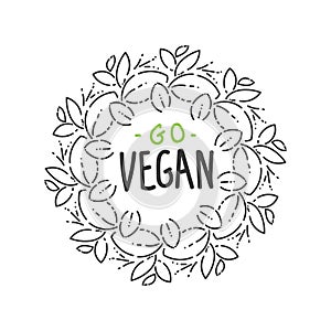 Gan hand sketched logotype, leaf label template for vegan food package design. wreath, doodle, round frame. Isolated leaves icon.