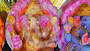 Ganapathi Idol in display at workshop of idol making for Ganesh festival or Ganesh Chathurdhi