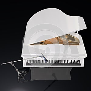 Gand piano and microphone on a black background