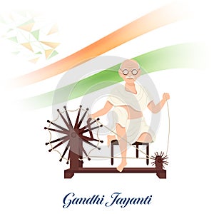 Gandhi Jayanti Concept With Mahatma Gandhi Bapu Spinning Charkha And Indian Flag Ribbon On White