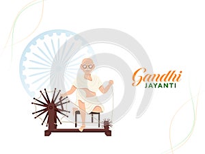 Gandhi Jayanti Concept With Mahatma Gandhi Bapu Spinning Charkha And Indian Flag Ribbon On White