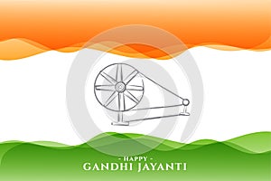 gandhi jayanti template with charkha design on wavy indain flag vector