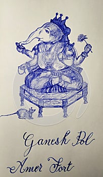 Ganesh Ganesha pen drawing portrayed the original painting the top main entrance facet at Amer fort.