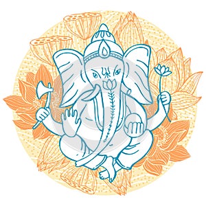 Ganesha and lotuses in a circle. Sketch illustration