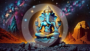 Ganesha statue on background of futuristic cosmic animation. AI generated video