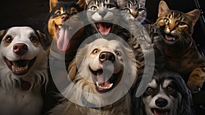 Gang of dogs and cats pose for a hilarious selfie shot. Ai Generated