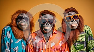 Gang family of orangutang in vibrant bright fashionable outfits, commercial, editorial advertisement