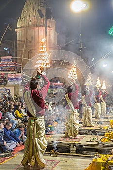 Ganga aarti rituals performed by young priests on the bank of Ganges rivert at Varanasi India.
