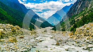 Ganga river flows through  snow peak Himalayas in India