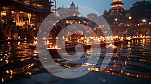 Ganges River reflecting the enchanting lights of countless Diwali lamp