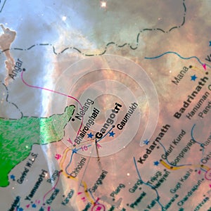 gangotri city name displayed on geographic map galaxy abstract