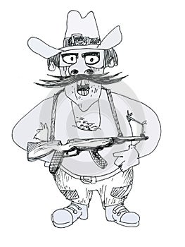 Gangster with a gun, funny cartoon character. A bandit from the high road.