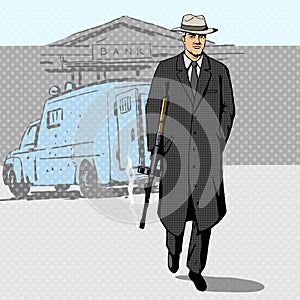 Gangster with gun walking from bank pop art vector