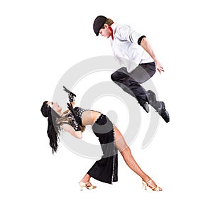 Gangster man dancing with girl isolated on white
