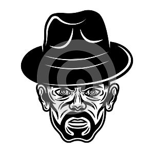 Gangster man head in fedora hat with bristle. Vector character illustration in vintage monochrome style isolated on