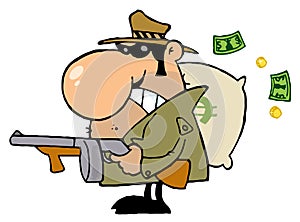 Gangster man with his gun and bag of money