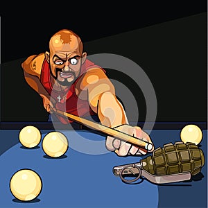 Gangster man playing billiards, tries to target a grenade