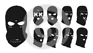 Gangster masks with images and inscriptions, stylish balaclavas photo