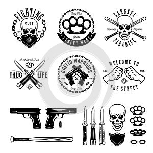 Gangster monochrome labels badges emblems and design elements set. Vintage vector illustration.