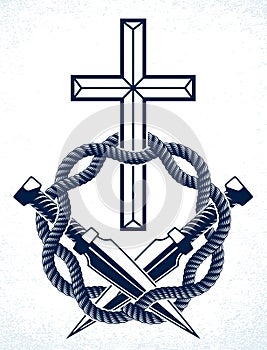 Gangster thug emblem or logo with Christian Cross, vector tattoo, anarchy and chaos, dead rebel partisan