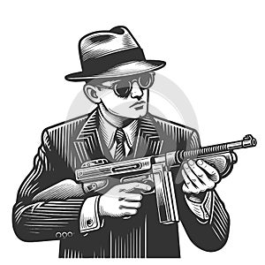 Gangster with Tommy Gun sketch vector illustration